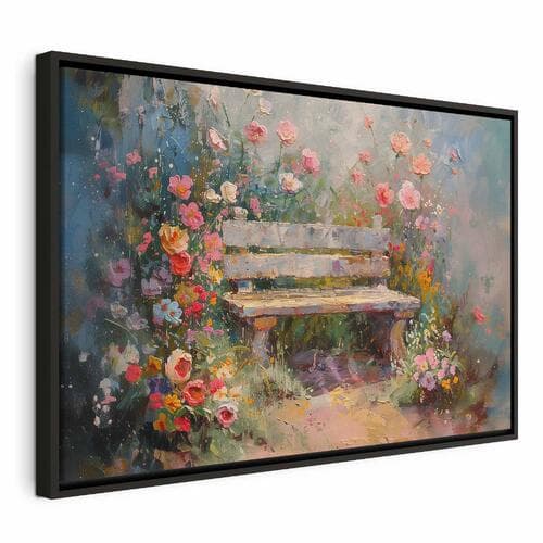 Obraz na płótnie Kwiecista ławeczka - obraz w stylu impresjonistycznym pełen kwiatów 60×40 cm, płótno standard