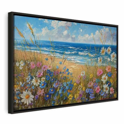 Obraz na płótnie Morski krajobraz - polne kwiaty i widok na wzburzone morze 60×40 cm, płótno standard