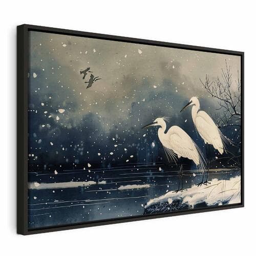 Obraz na płótnie Czaple nad zimowym stawem - ilustracja w stylu japońskiego w ciemnej kolorystyce 60×40 cm, płótno standard