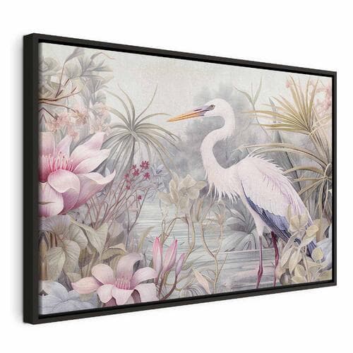 Obraz na płótnie Czapla brodząca w stawie - ilustracja w jasnej kolorystyce 60×40 cm, płótno standard