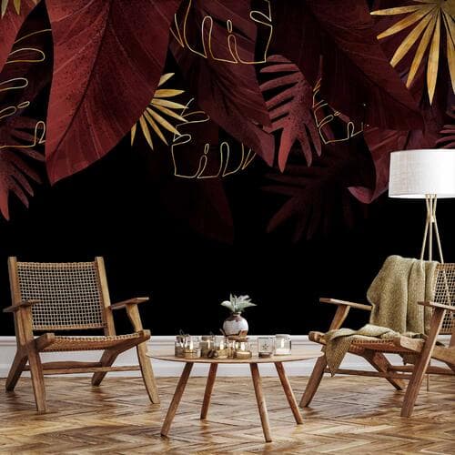 Fototapeta Dżungla i kompozycja - motyw czerwonych i złotych liści na czarnym tle 490×350 cm, materiał samoprzylepny