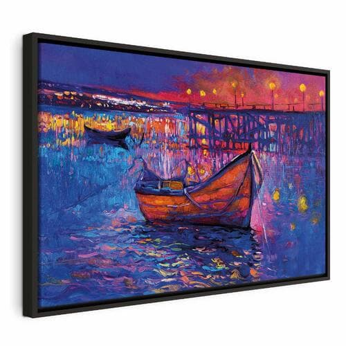 Obraz na płótnie Nowoczesny impresjonizm - nocny krajobraz jeziora z pływającą łódką 60×40 cm, płótno standard