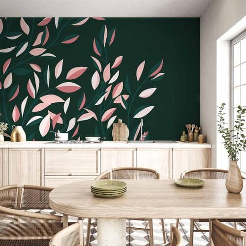 Wall mural Kwitnące pnącze - minimalistyczne pnące się liście na zielonym tle 500×350 cm, waterproof material