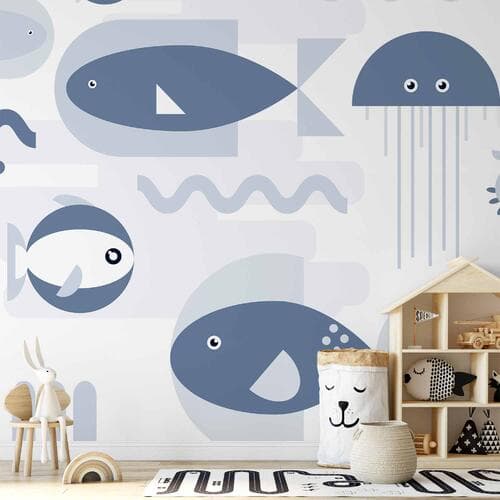 Wall mural Minimalistyczny ocean - geometryczne rybki i kraby w wodzie dla dzieci 500×350 cm, waterproof material