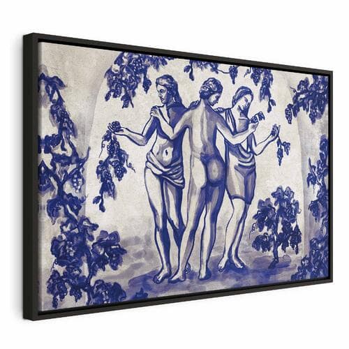 Obraz na płótnie Antyczna winnica - trzy kobiety w portalu malowane niebieskim tuszem 60×40 cm, płótno standard
