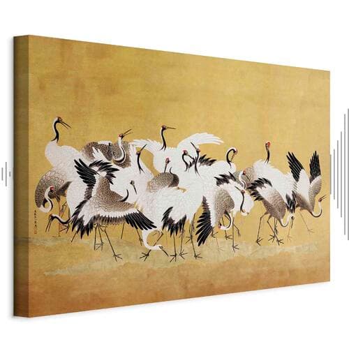 Canvas print Japońskie żurawie - stado ptaków na tle w odcieniu złota na podstawie obrazu Ishida Yūtei 30×20 cm, standard canvas