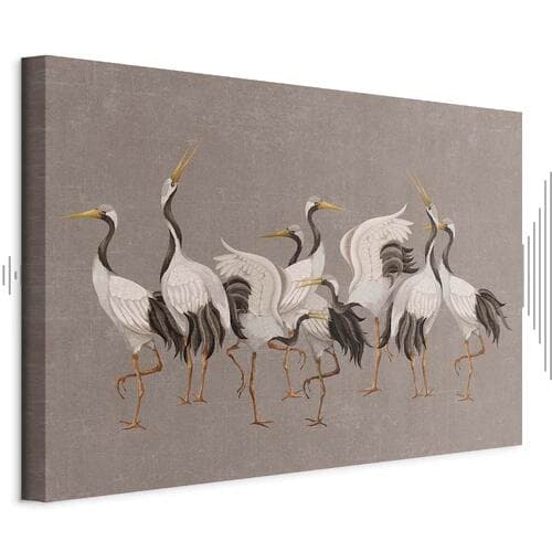 Canvas print Taniec żurawi - jasne sylwetki ptaków na ciepło-szarym tle z fakturą 30×20 cm, standard canvas