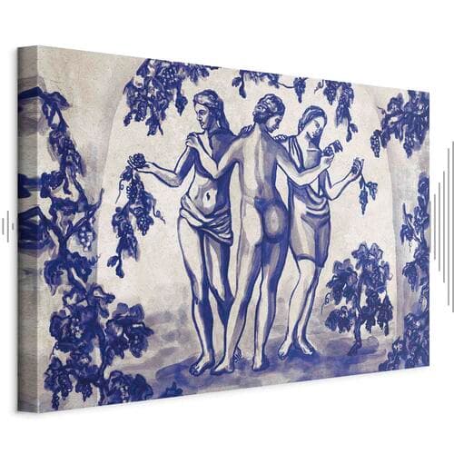 Obraz na płótnie Antyczna winnica - trzy kobiety w portalu malowane niebieskim tuszem 30×20 cm, płótno standard