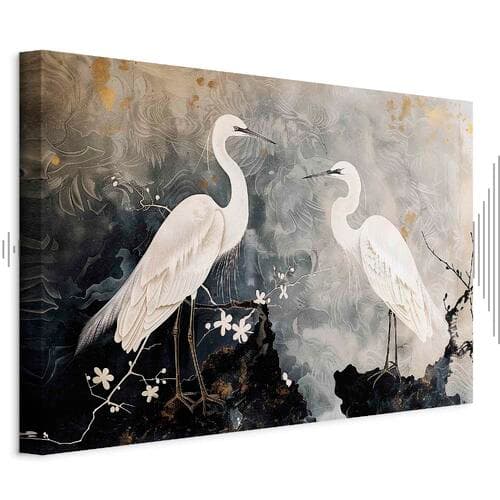 Canvas print Czaple i kwiat wiśni - ilustracja w orientalnym stylu przedstawiająca ptaki 30×20 cm, standard canvas