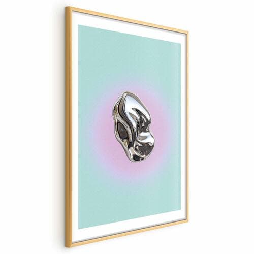 Poster Metaliczna Forma - abstrakcyjna rzeźba na miętowym tle z fioletowym halo 30×42 cm
