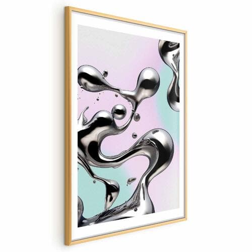 Poster Metaliczne Płynności - abstrakcyjne srebrne formy na miętowo-fioletowym tle 60×90 cm