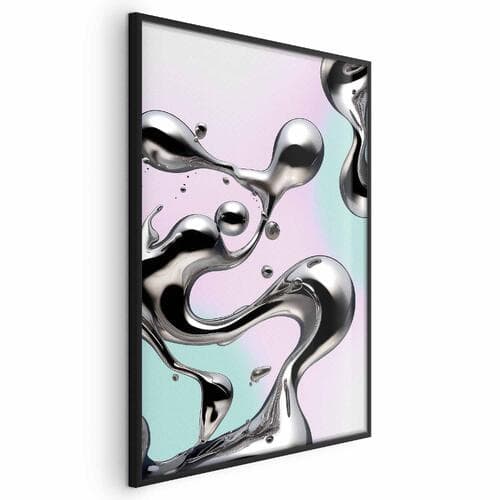 Poster Metaliczne Płynności - abstrakcyjne srebrne formy na miętowo-fioletowym tle 21×30 cm