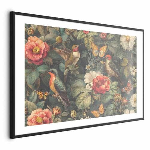 Plakat Kwiaty; ptaki i motyle - ilustracja w stylu vintage 42×30 cm