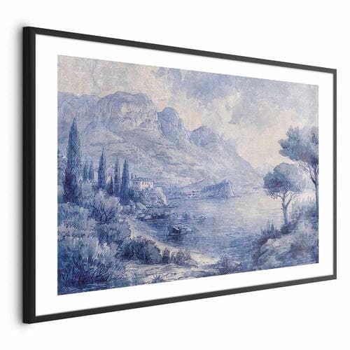 Poster Niebieska zatoka - włoski krajobraz jeziora Como malowany niebieskim tuszem 90×60 cm