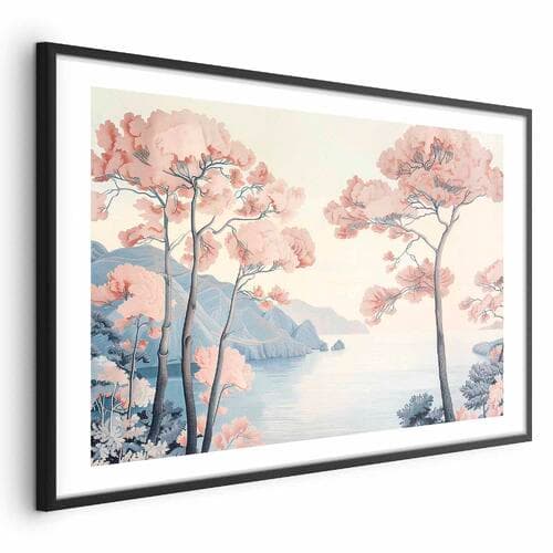 Plakat Ocean klify i drzewa; delikatny motyw w pastelowych kolorach 42×30 cm