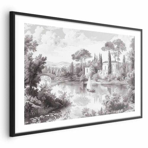 Plakat Czarno-biały pejzaż vintage ze stawem 42×30 cm