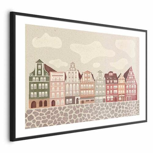 Plakat Kolorowe Fasady - zabytkowe wrocławskie kamienice na tle nieba i brukowanej uliczki 90×60 cm