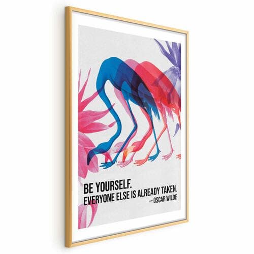 Plakat Kolorowa repetycja - trzy sylwetki flamingów i inspirującym cytatem 60×90 cm
