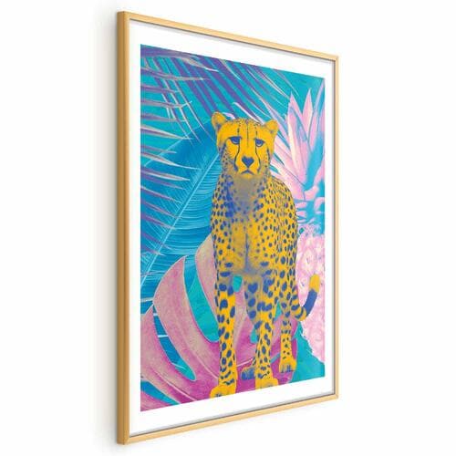 Poster Egzotyczny Lampart - Kolorowy Portret Geparda na Tle Tropikalnych Liści 40×60 cm