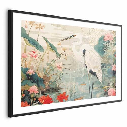 Plakat Nad azjatyckim stawem - ilustracja w stylu japońskiej ryciny; przedstawiająca czaplę 90×60 cm