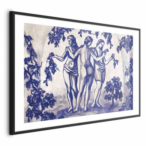 Plakat Antyczna winnica - trzy kobiety w portalu malowane niebieskim tuszem 60×40 cm