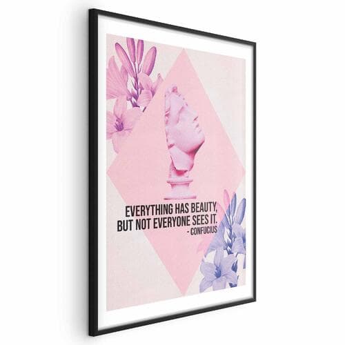 Plakat Konfucjusz o Pięknie - popiersie w różu z kwiatami i cytatem 40×60 cm