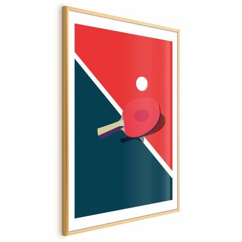 Poster Tenis stołowy - piłeczka i rakietka na stole 30×42 cm