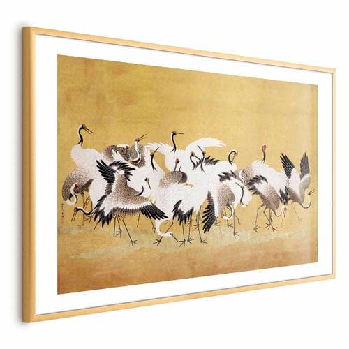 Poster Japońskie żurawie - stado ptaków na tle w odcieniu złota na podstawie obrazu Ishida Yūtei 60×40 cm