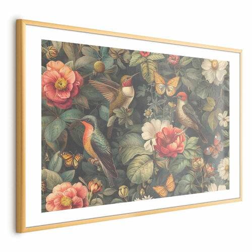 Plakat Kwiaty; ptaki i motyle - ilustracja w stylu vintage 90×60 cm