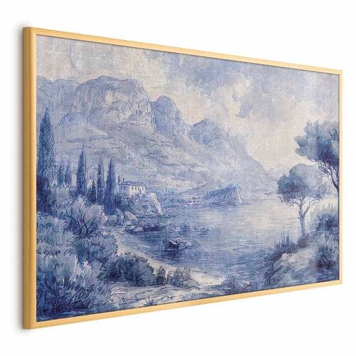Poster Niebieska zatoka - włoski krajobraz jeziora Como malowany niebieskim tuszem 30×21 cm