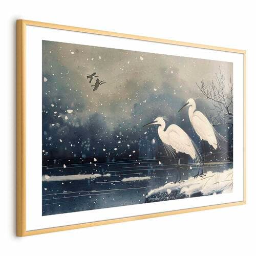 Plakat Czaple nad zimowym stawem - ilustracja w stylu japońskiego w ciemnej kolorystyce 90×60 cm