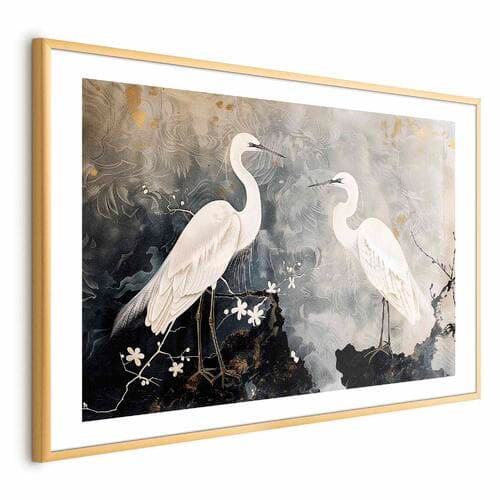 Plakat Czaple i kwiat wiśni - ilustracja w orientalnym stylu przedstawiająca ptaki 90×60 cm
