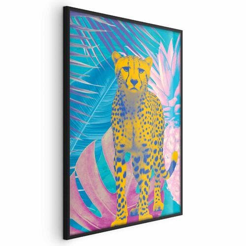 Poster Egzotyczny Lampart - Kolorowy Portret Geparda na Tle Tropikalnych Liści 21×30 cm