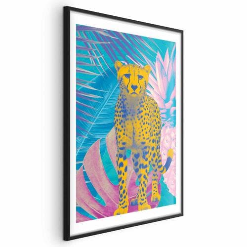 Poster Egzotyczny Lampart - Kolorowy Portret Geparda na Tle Tropikalnych Liści 30×42 cm