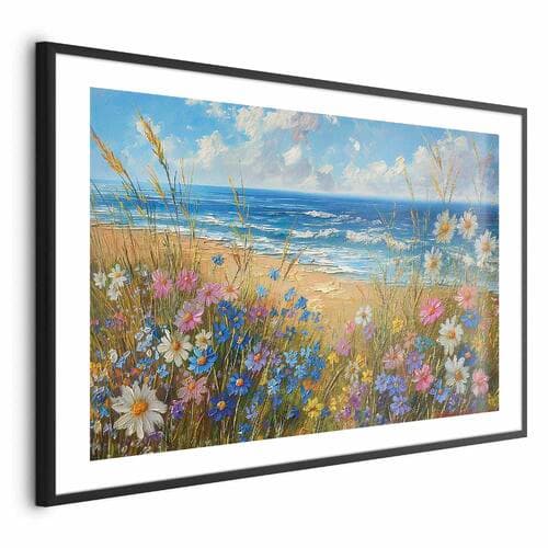 Plakat Morski krajobraz - polne kwiaty i widok na wzburzone morze 60×40 cm