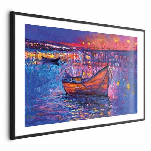 Poster Nowoczesny impresjonizm - nocny krajobraz jeziora z pływającą łódką 90×60 cm