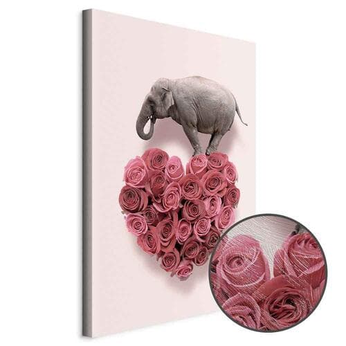 Canvas print Miłośnik róż - słoń w sercu kwiatów na różowym tle 40×60 cm, standard canvas