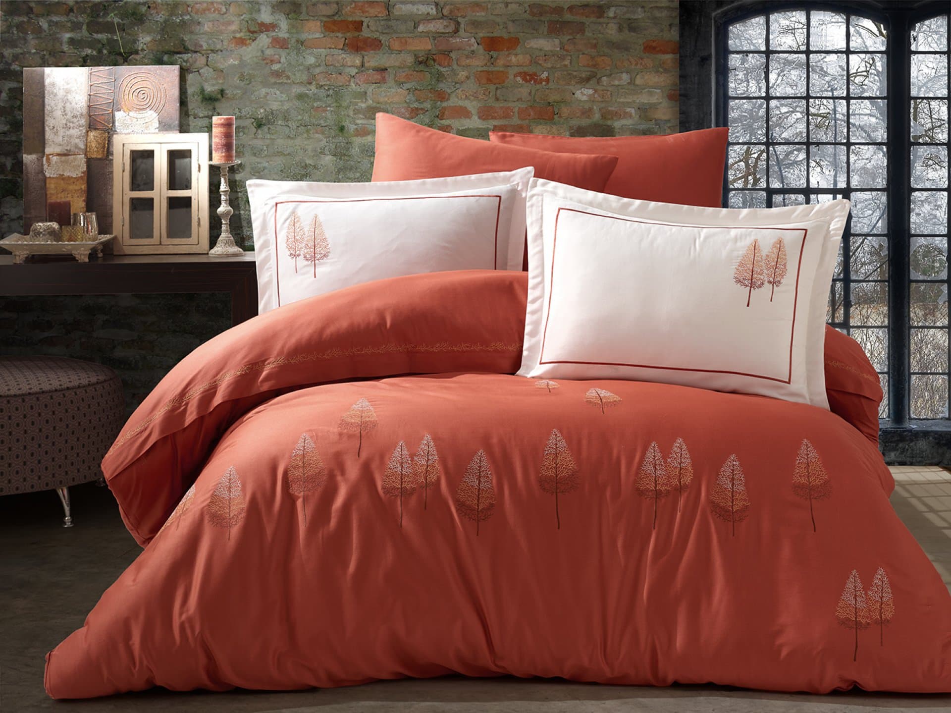Orange Christmas satin bedding 200x220 PAMIRA BRICK