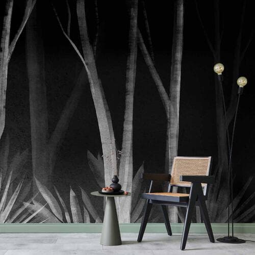 Фотошпалери Szum lasu nocą - minimalistyczny pejzaż białych drzew na czarnym tle 250×175 см, флізелін стандарт