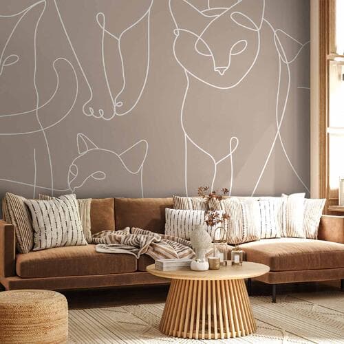 Wall mural Koci lineart - minimalistyczne szkice białych kotów na beżowym tle 100×70 cm, standard non-woven