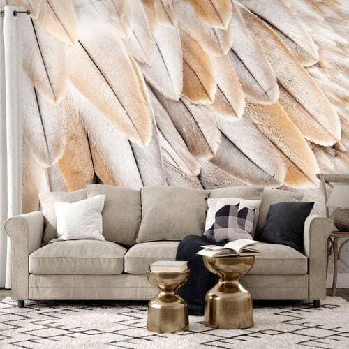 Fototapeta Skrzydła ptaka z bliska - jednolite zbliżenie na beżowe pióra ptaka 250×175 cm, flizelina standard