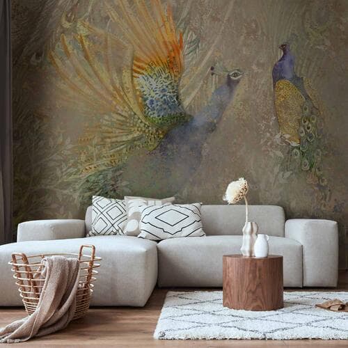 Fototapeta Pawie w tańcu - motyw ptaków wśród abstrakcyjnego deseniu w ornamenty 250×175 cm, flizelina standard