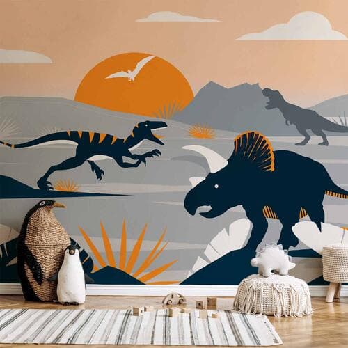 Fototapeta Ostatnie dinozaury z pomarańczowym - abstrakcyjny krajobraz do pokoju 100×70 cm, flizelina standard