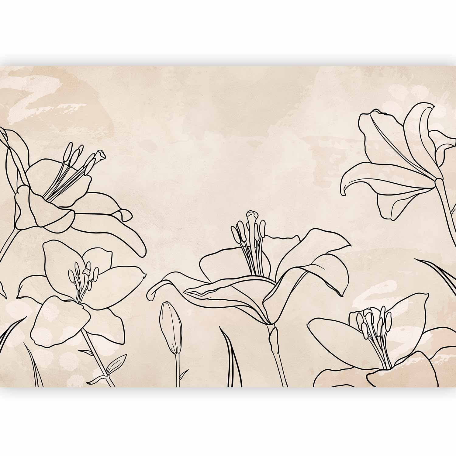 Fototapeta Szkic natury - minimalistyczny lineart z kwiatami lilii na beżowym tle 100×70 cm, flizelina standard