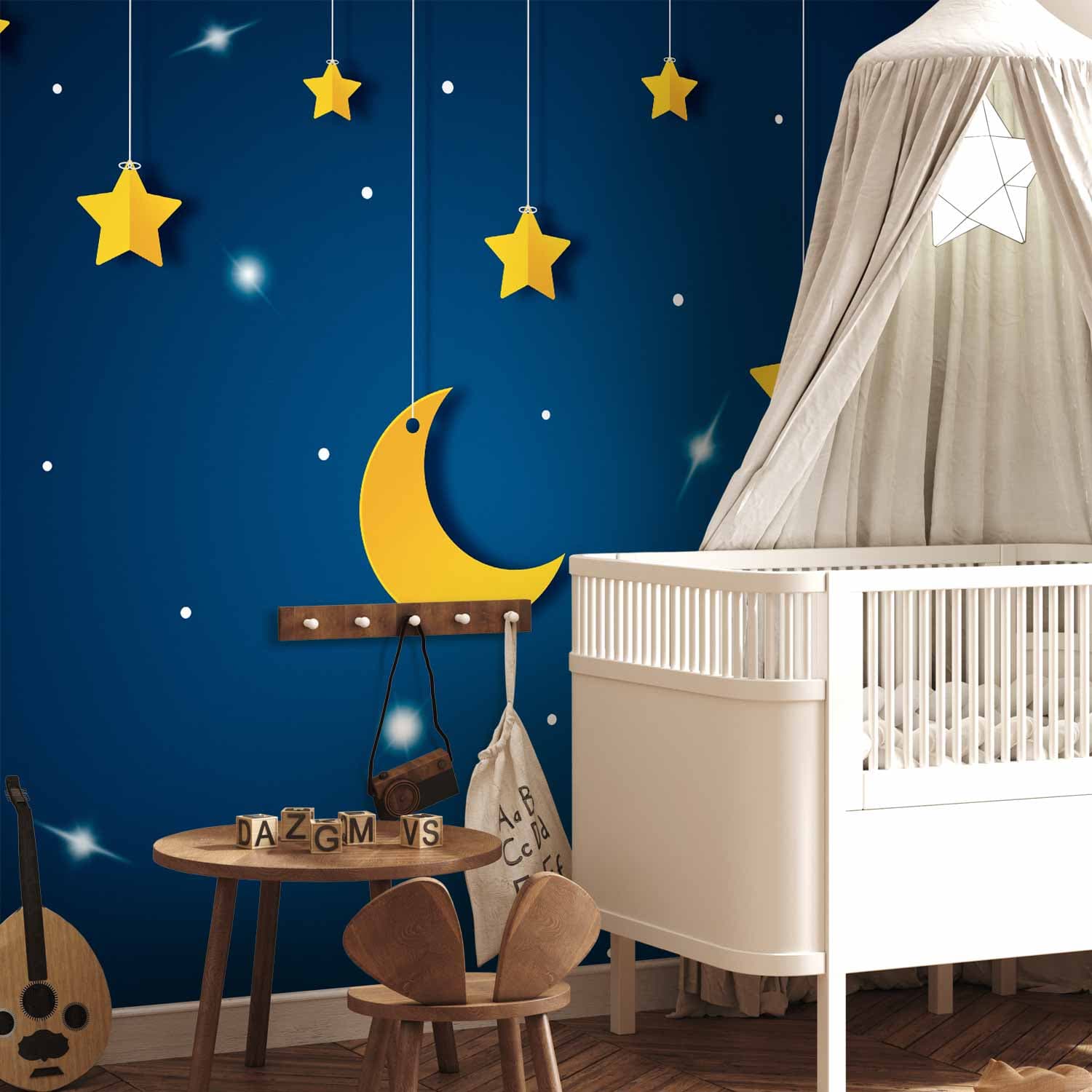 Fototapeta Nieboskłon - pejzaż nieba nocą z gwiazdami i księżycem dla dzieci 100×70 cm, flizelina standard