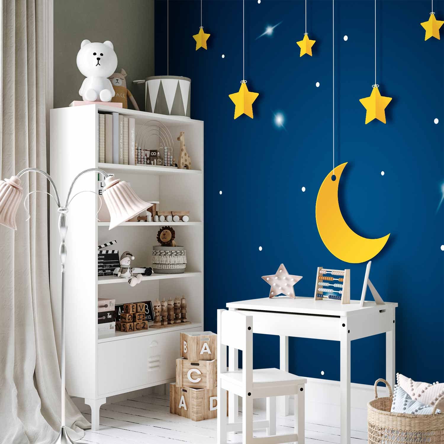 Fototapeta Nieboskłon - pejzaż nieba nocą z gwiazdami i księżycem dla dzieci 100×70 cm, flizelina standard