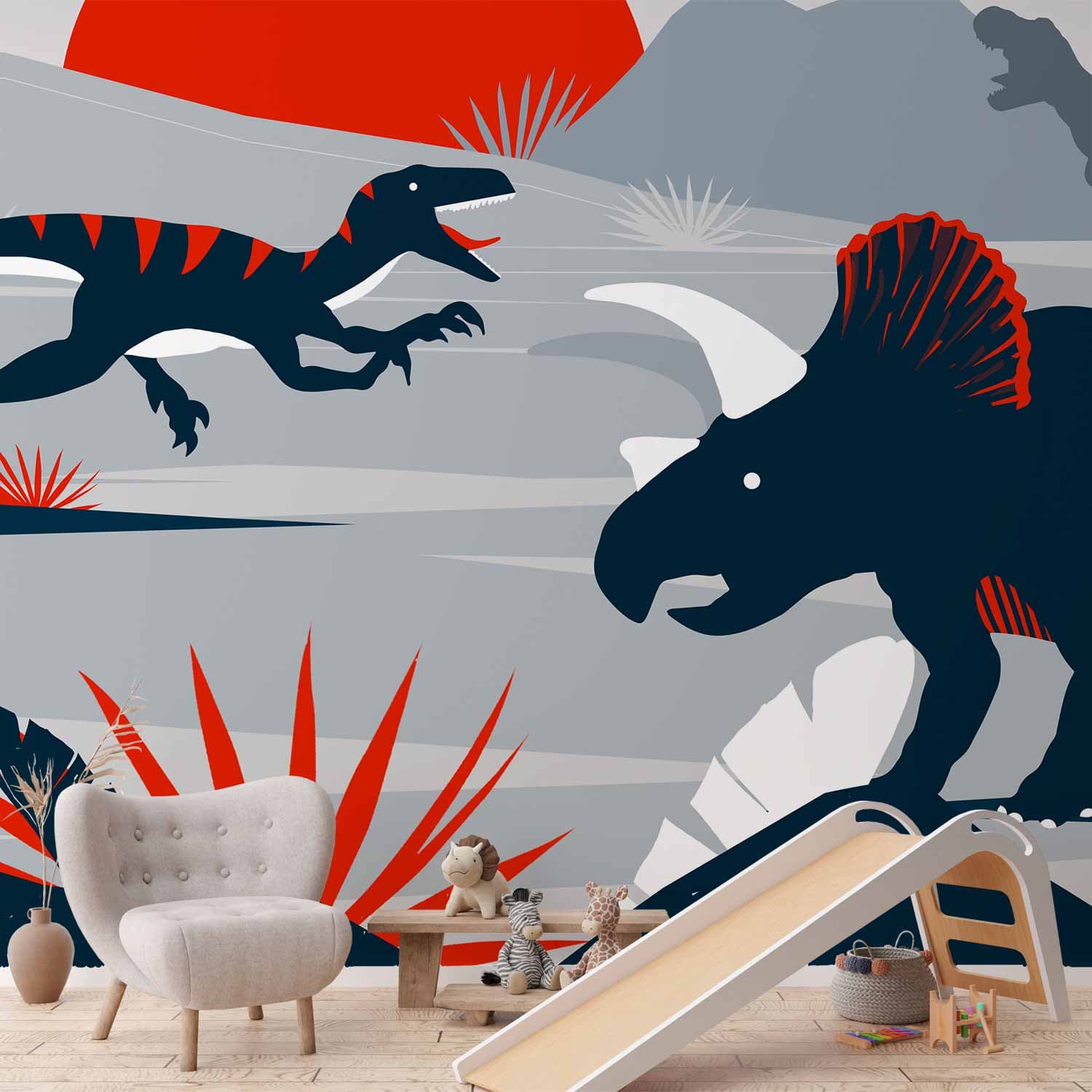 Fototapeta Ostatnie dinozaury z czerwienią - abstrakcyjny krajobraz do pokoju 100×70 cm, materiał wodoodporny