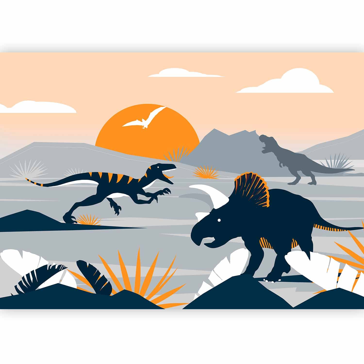 Wall mural Ostatnie dinozaury z pomarańczowym - abstrakcyjny krajobraz do pokoju 500×350 cm, waterproof material