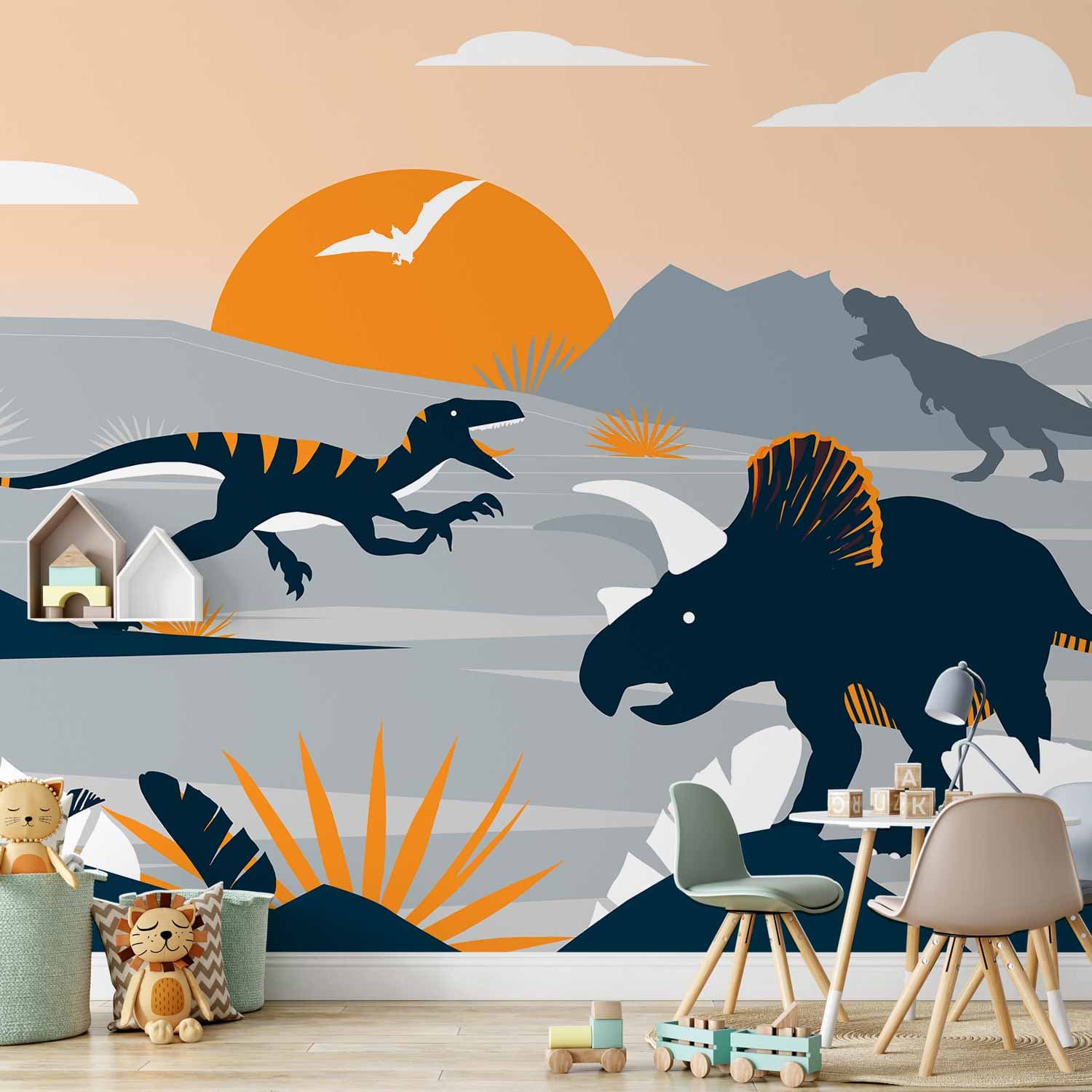 Wall mural Ostatnie dinozaury z pomarańczowym - abstrakcyjny krajobraz do pokoju 500×350 cm, waterproof material