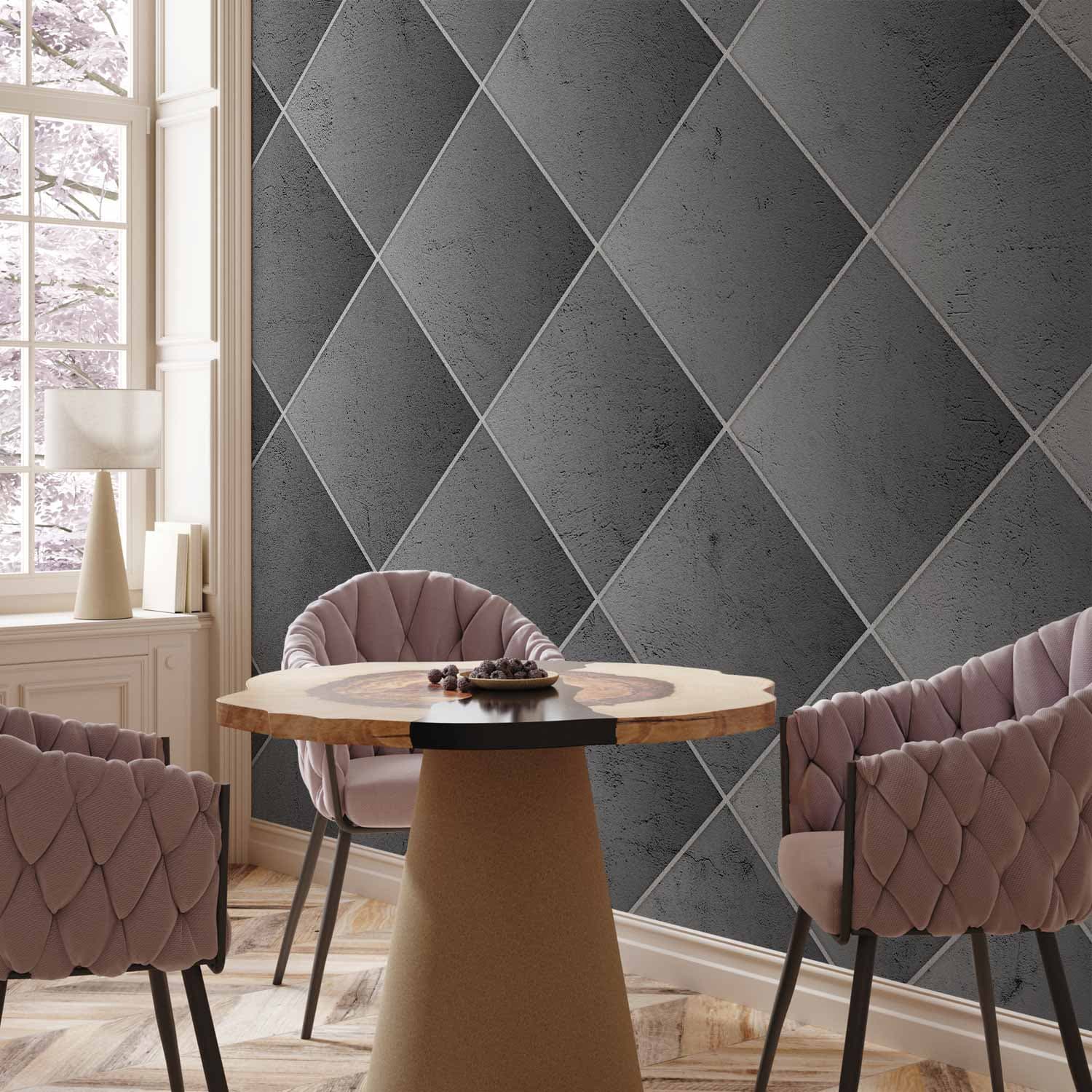 Fototapeta Szara symetria - geometryczny wzór w deseń z betonu z białymi fugami 300×210 cm, materiał wodoodporny